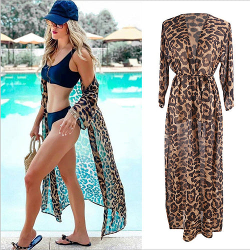 Chiffon Beach Kimono Cover-Up — Sheer Leopard Dot Resort Cardigan