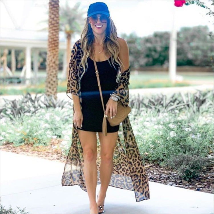 Chiffon Beach Kimono Cover-Up — Sheer Leopard Dot Resort Cardigan