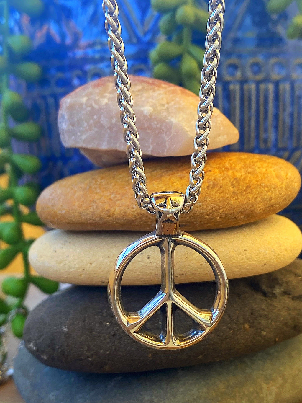 Classic Peace Sign Necklace — Silver Rope Chain