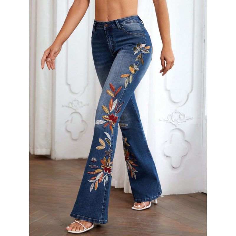 70s Revival High-Waist Flare Jeans — Embroidered Navy Denim