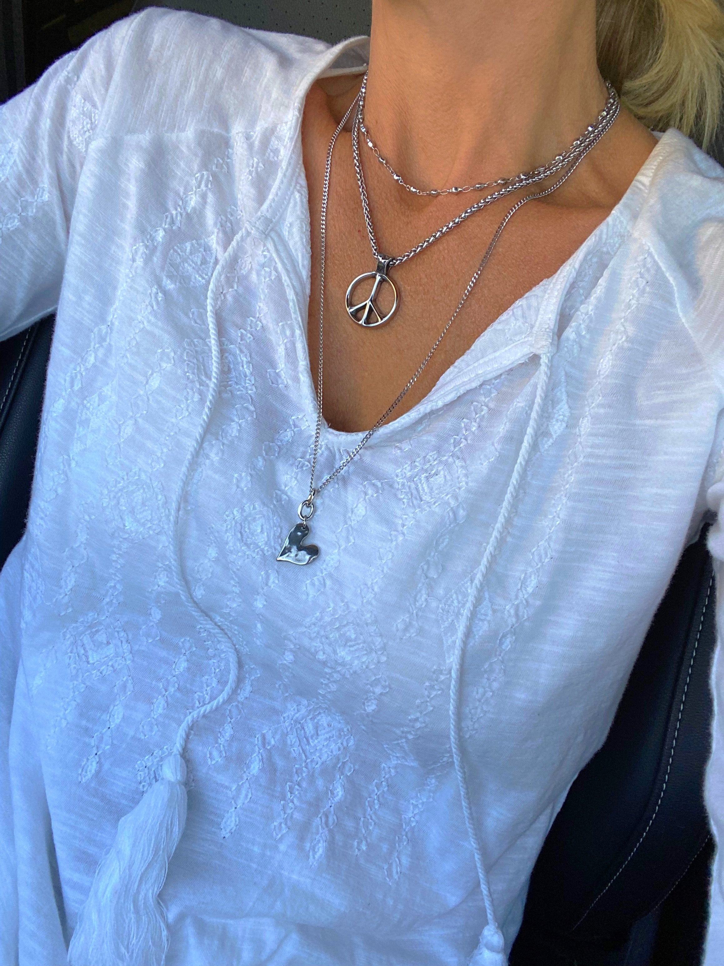 Classic Peace Sign Necklace — Silver Rope Chain