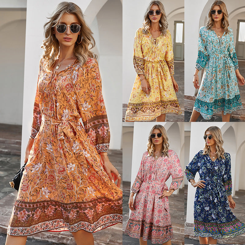 Women's Bohemian Long Sleeve Dress — V-Neck Tie Waist A-Line