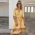 Women's Bohemian Long Sleeve Dress — V-Neck Tie Waist A-Line
