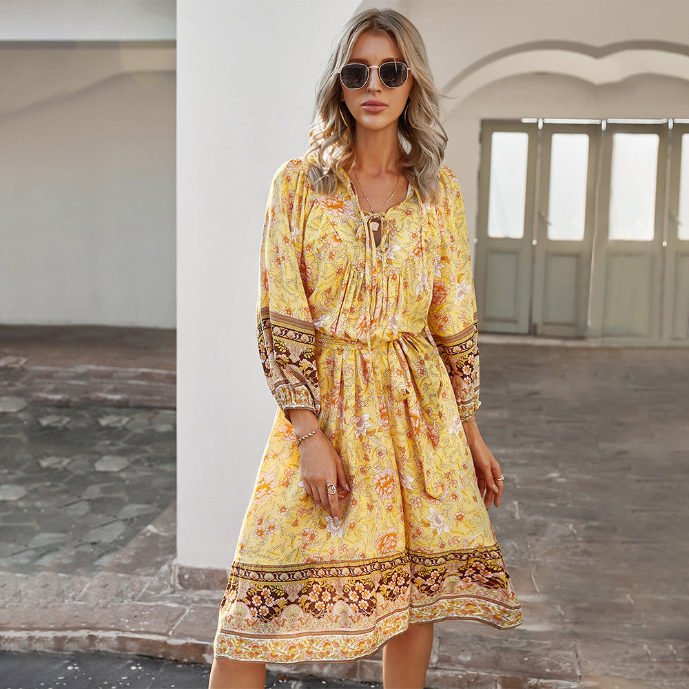 Women's Bohemian Long Sleeve Dress — V-Neck Tie Waist A-Line