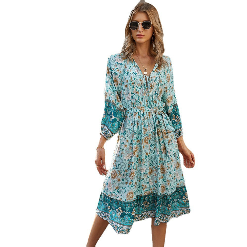 Women's Bohemian Long Sleeve Dress — V-Neck Tie Waist A-Line