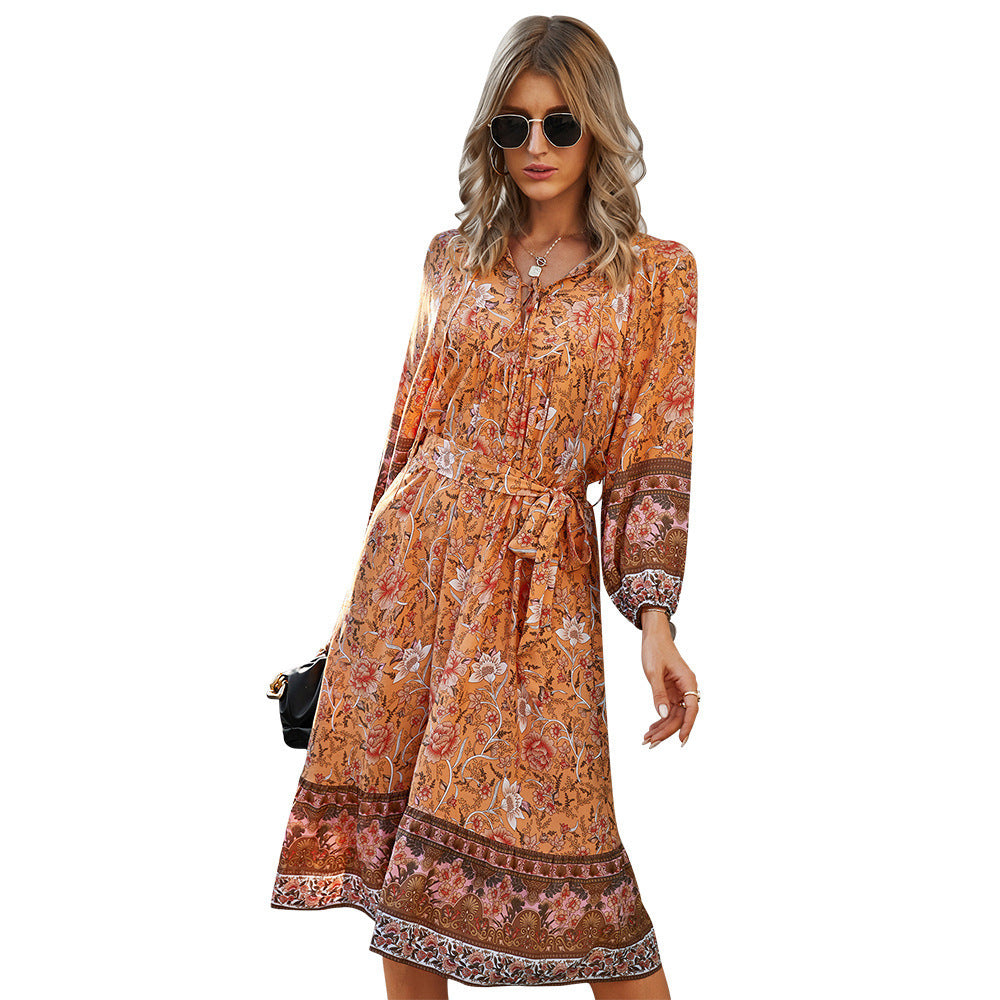 Women's Bohemian Long Sleeve Dress — V-Neck Tie Waist A-Line
