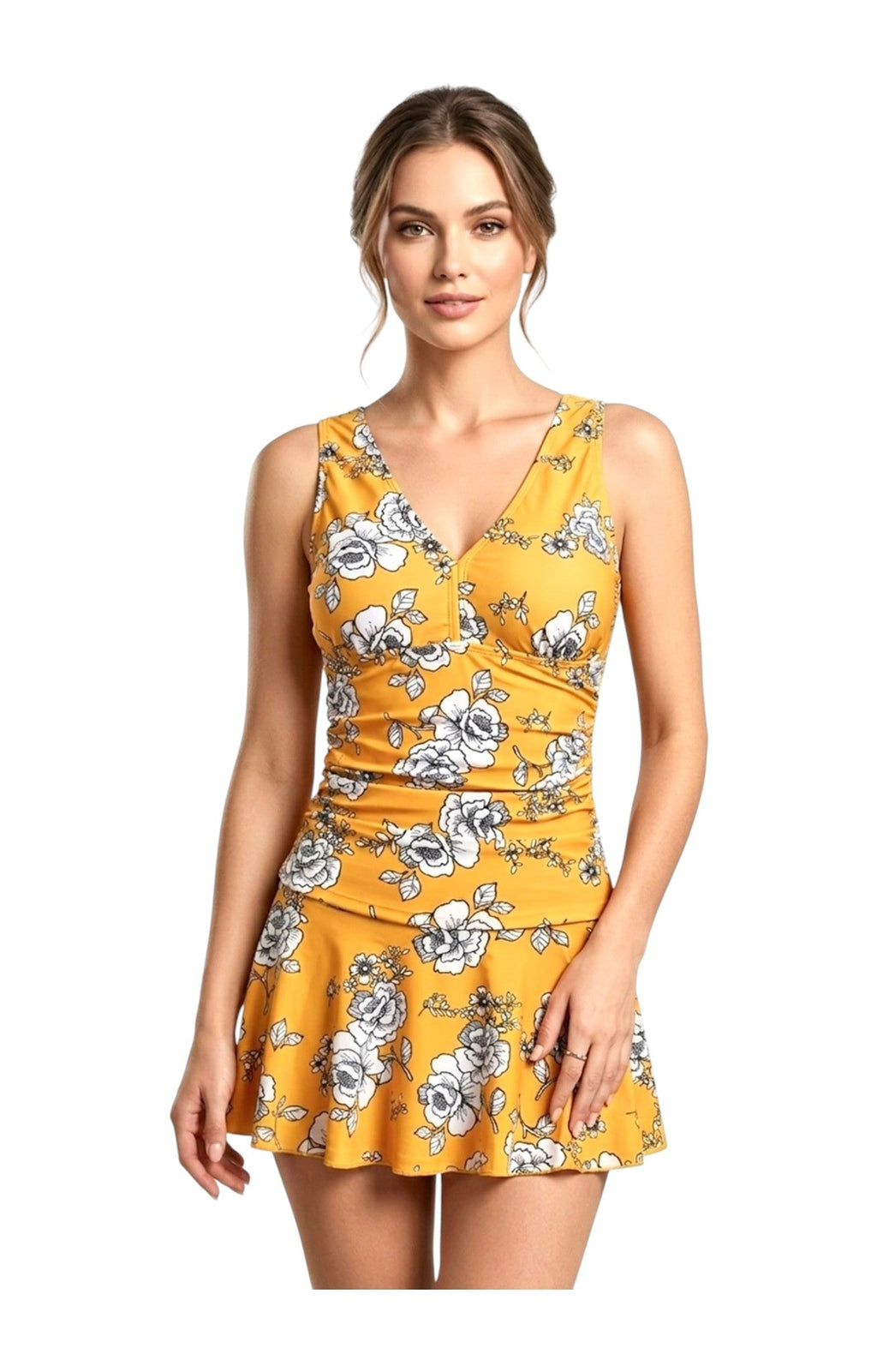 Plus Size Floral One-Piece Swimsuit with Skirt — Tummy Control
