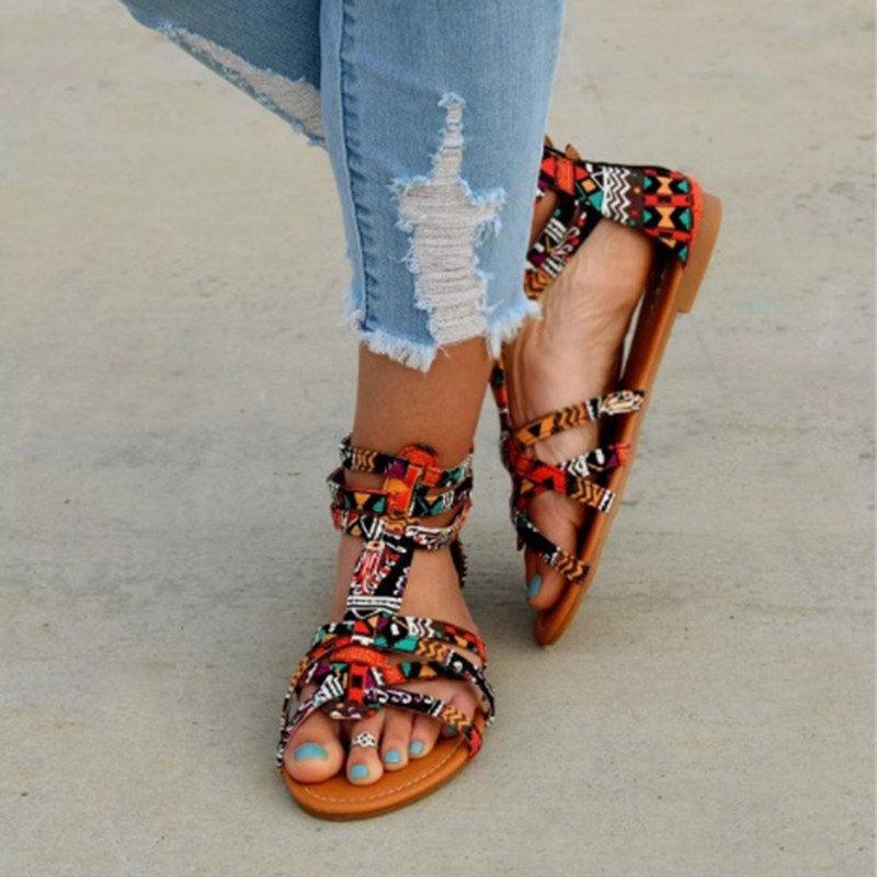 Casual Sandals Shoes Women Colorful Summer Flat Ankle Strap Sandals Shoes Flats Sandals For Women Strappy Flat Open Toe Sandals Wide Comfortable Leather Sandals