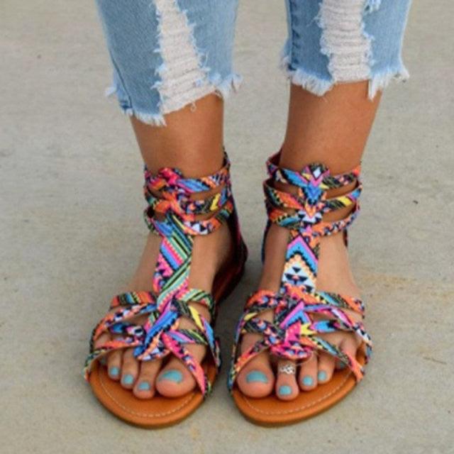 Casual Sandals Shoes Women Colorful Summer Flat Ankle Strap Sandals Shoes Flats Sandals For Women Strappy Flat Open Toe Sandals Wide Comfortable Leather Sandals