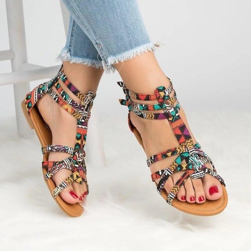 Casual Sandals Shoes Women Colorful Summer Flat Ankle Strap Sandals Shoes Flats Sandals For Women Strappy Flat Open Toe Sandals Wide Comfortable Leather Sandals