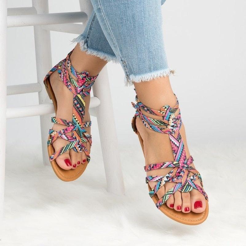 Casual Sandals Shoes Women Colorful Summer Flat Ankle Strap Sandals Shoes Flats Sandals For Women Strappy Flat Open Toe Sandals Wide Comfortable Leather Sandals
